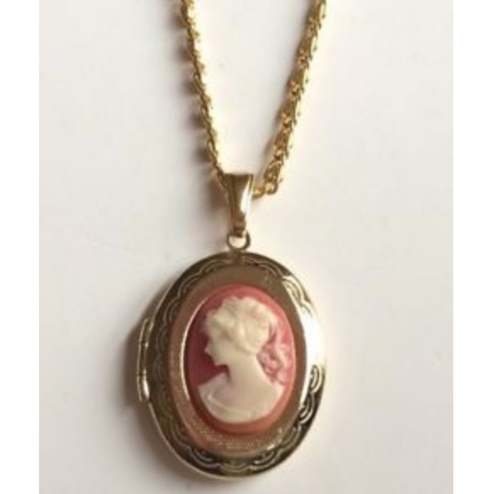 Gold Cameo Necklace Locket Plus Size 24" X-Long - Picture 2 of 8